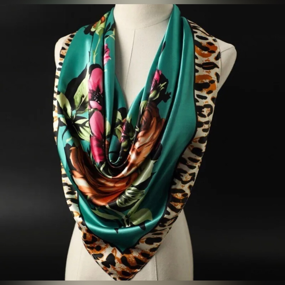 SOLD- Green Women Scarf Silky Fabric Leopard and Floral Print
